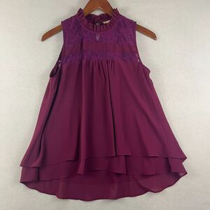 Takara Womens Top Medium Maroon Keyhole Ruffle Neck Lace Panel Tiered Bridgerton